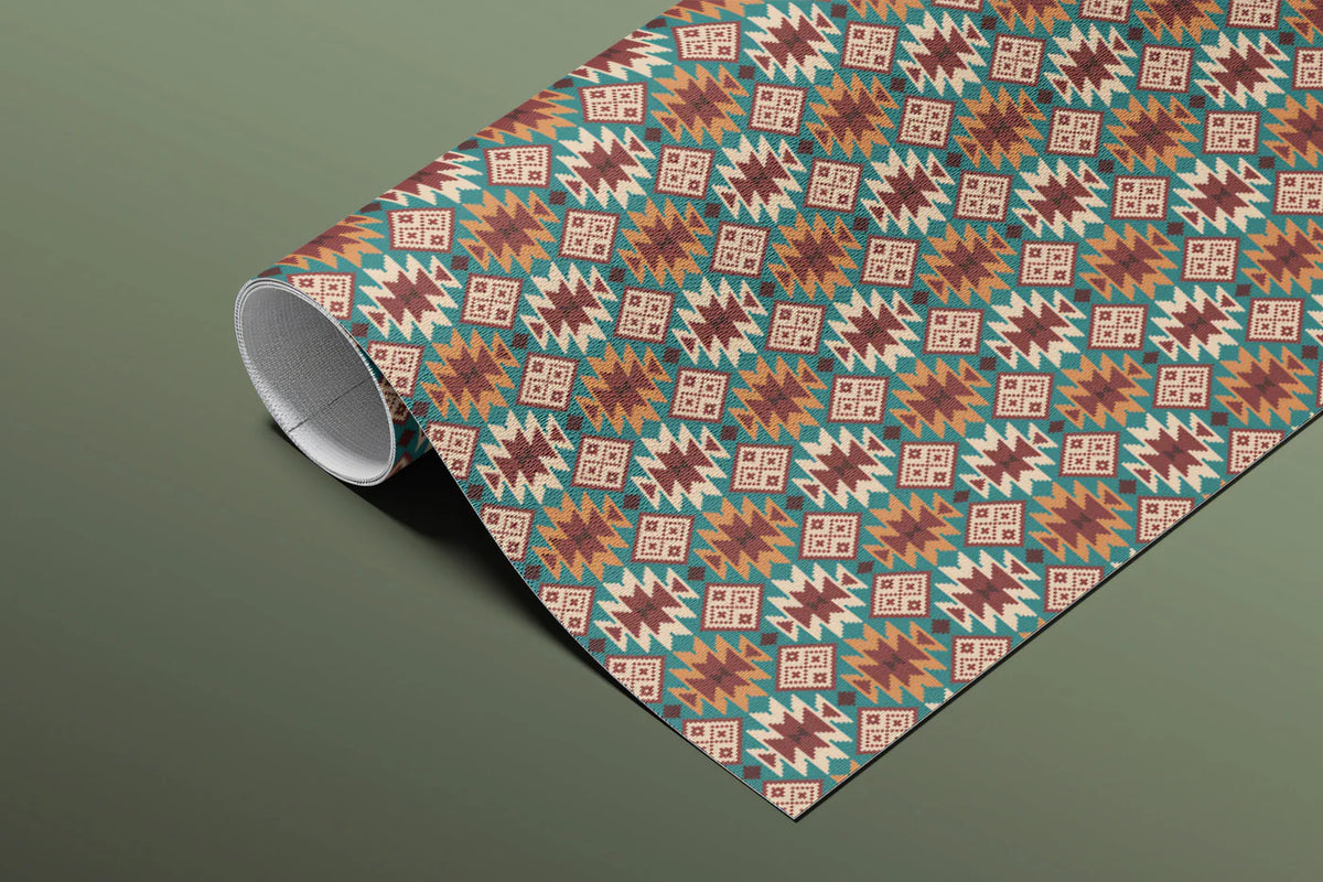 Intricate Geometric Tribal Mural Wallpaper — Earthy Teal and Red Mural Wallpaper - room preview 03