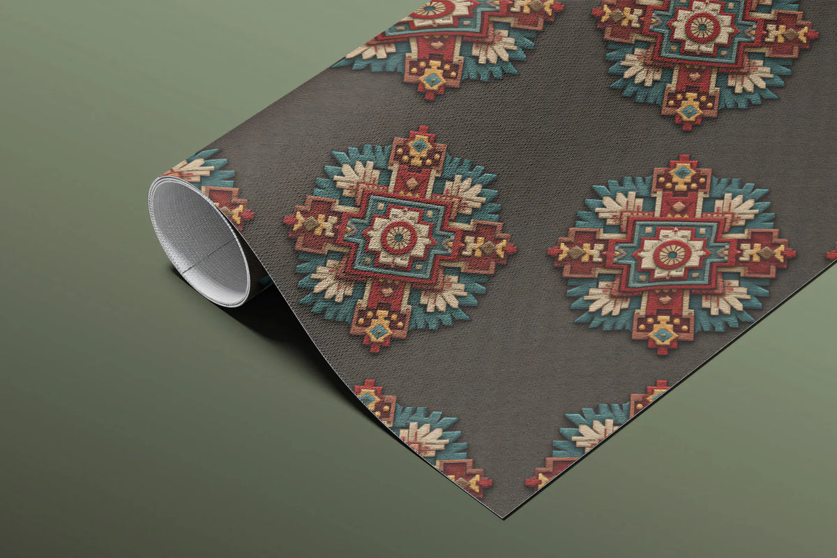 Symmetrical Geometric Floral Mural Wallpaper — Dark Traditional Print Mural Wallpaper - room preview 03
