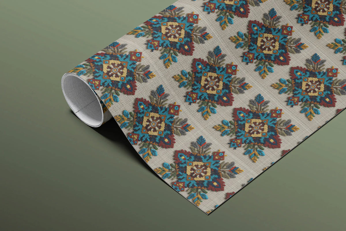 Traditional Floral Motif Mural Wallpaper — Embroidery Inspired Print Mural Wallpaper - room preview 03