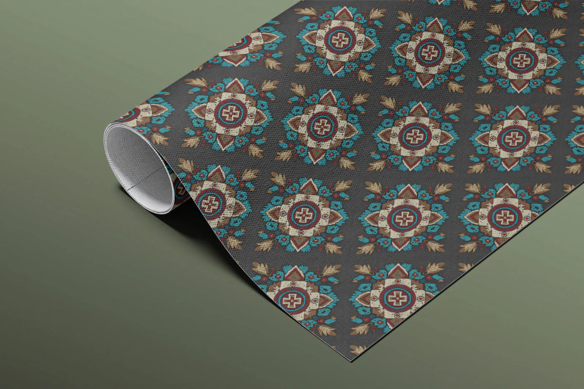 Intricate Geometric Floral Mural Wallpaper — Dark Traditional Print Mural Wallpaper - room preview 03