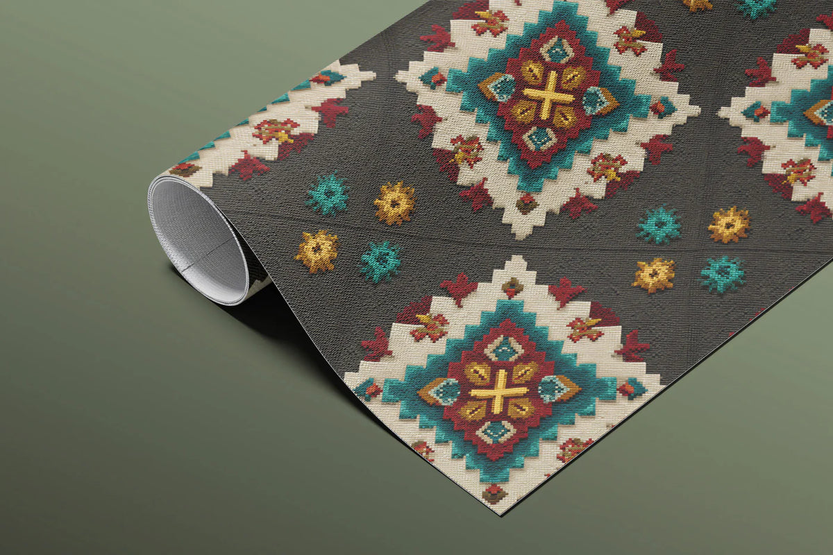 Folk Square Geometric Mural Wallpaper — Traditional Textile Motif Mural Wallpaper - room preview 03