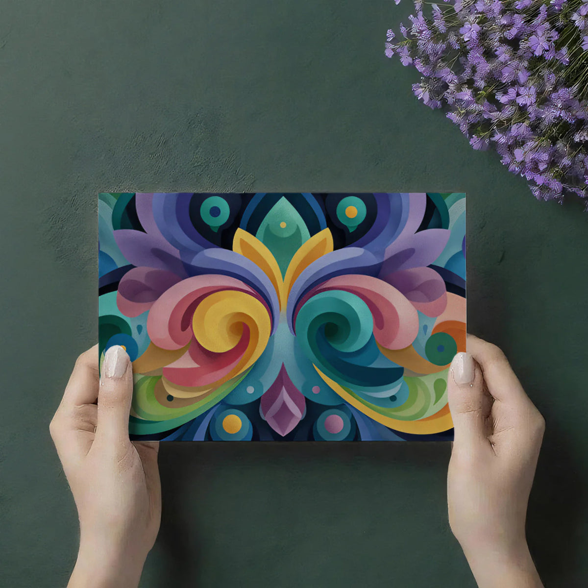Symmetrical Abstract Floral Mural Wallpaper — Colorful Fluid Swirls Mural Wallpaper - room preview 03