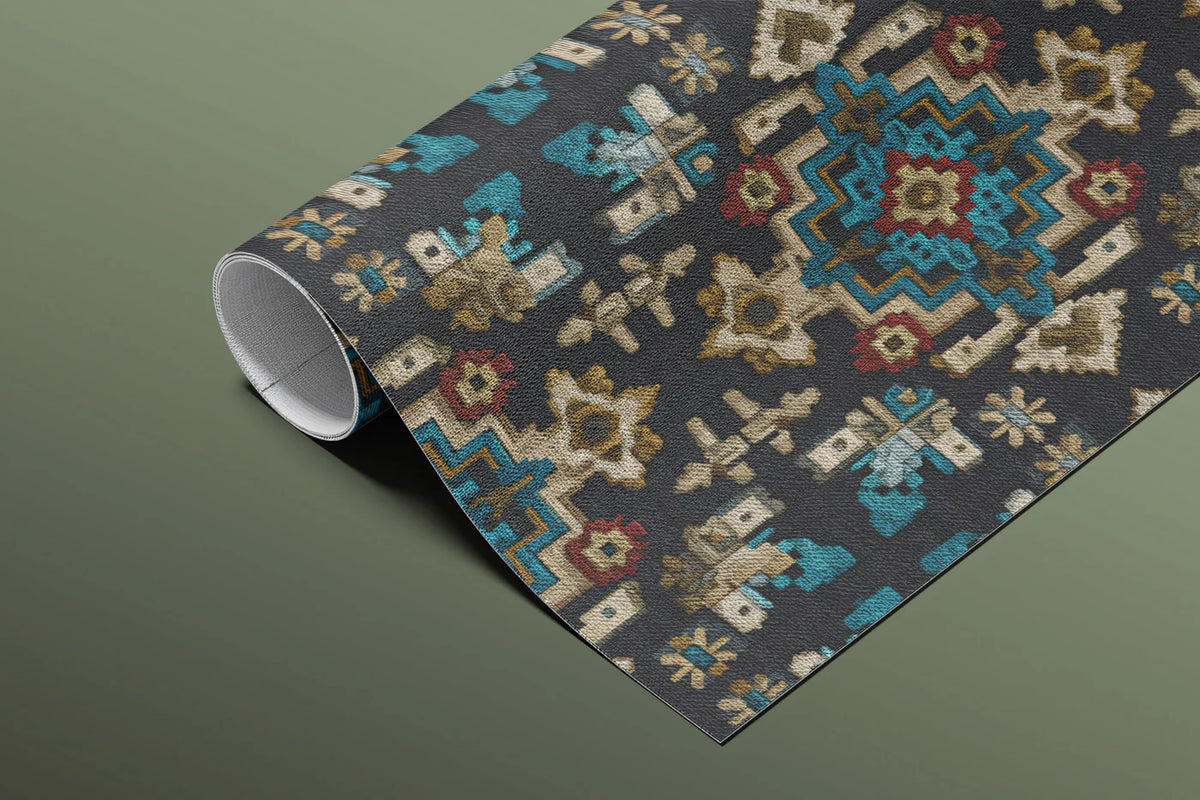 Ethnic Motif Geometric Mural Wallpaper — Dark Teal and Ochre Mural Wallpaper - room preview 03