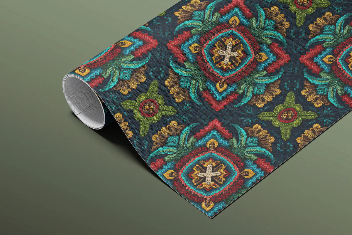Embroidered Floral Square Mural Wallpaper — Rich Jewel Tones Mural Wallpaper - room preview 03