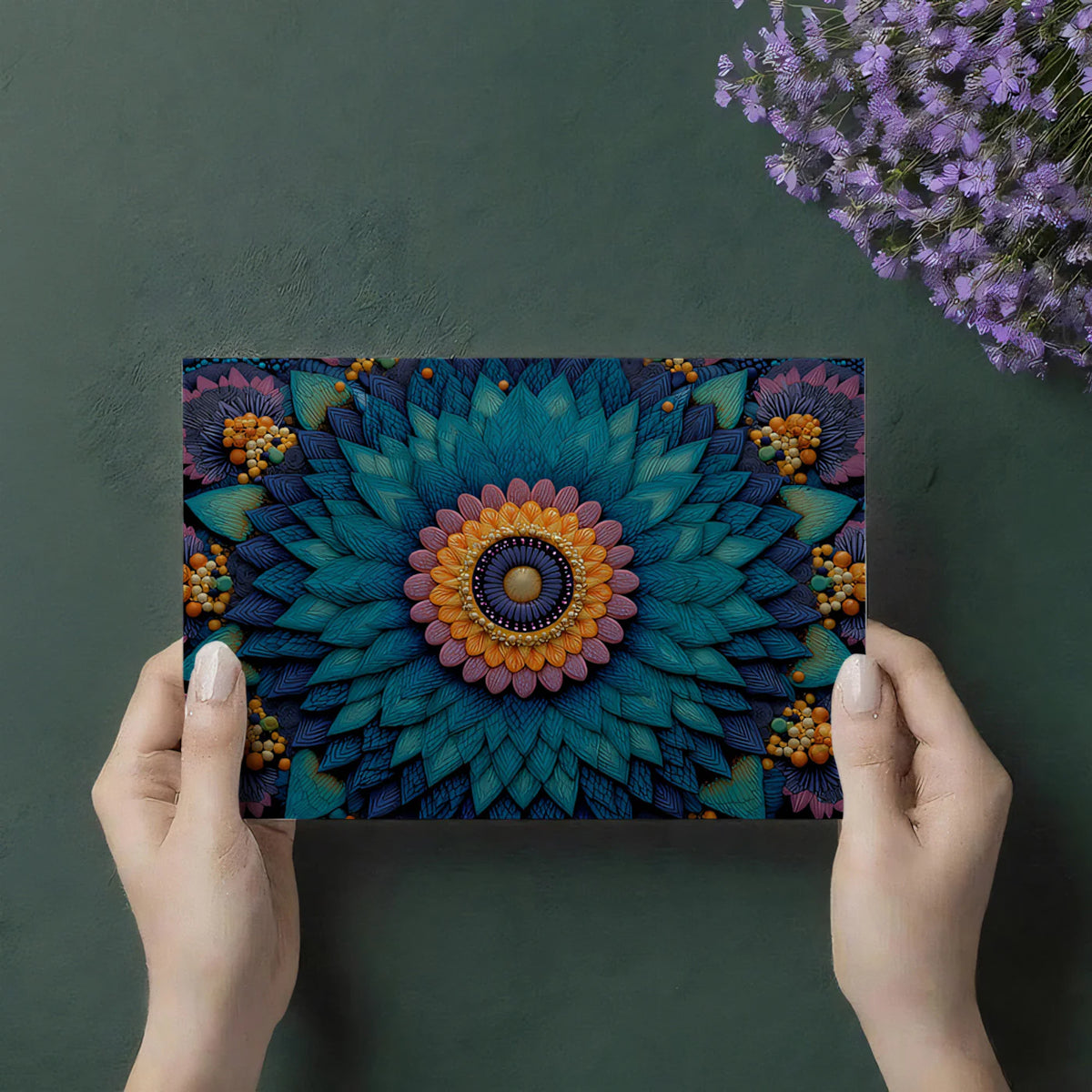 Floral Mandala Relief Mural Wallpaper — Deep Teal and Ochre Mural Wallpaper - room preview 03