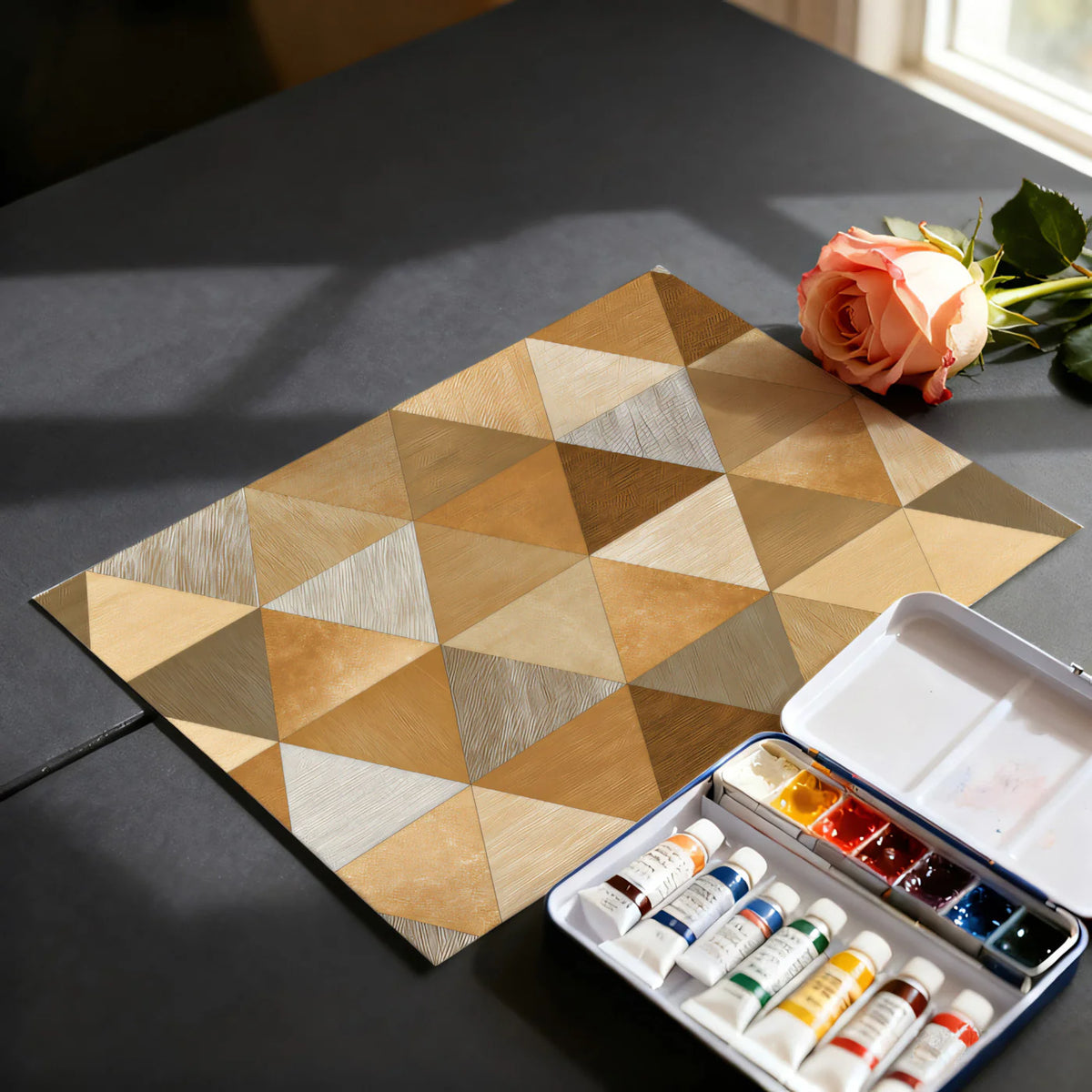 Geometric Wood Triangle Mural Wallpaper —Modern Mosaic Mural Wallpaper - room preview 03