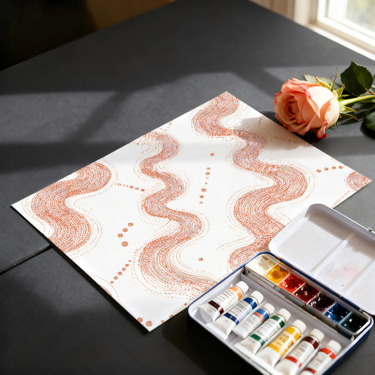 Terracotta Wavy Line Mural Wallpaper — Modern Minimalist Art Mural Wallpaper - room preview 03
