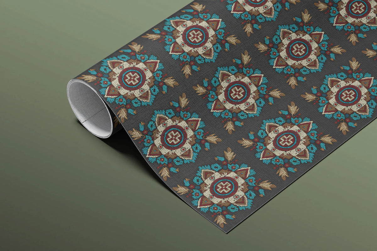 Traditional Floral Tile Mural Wallpaper — Midnight Geometric Print Mural Wallpaper - room preview 03