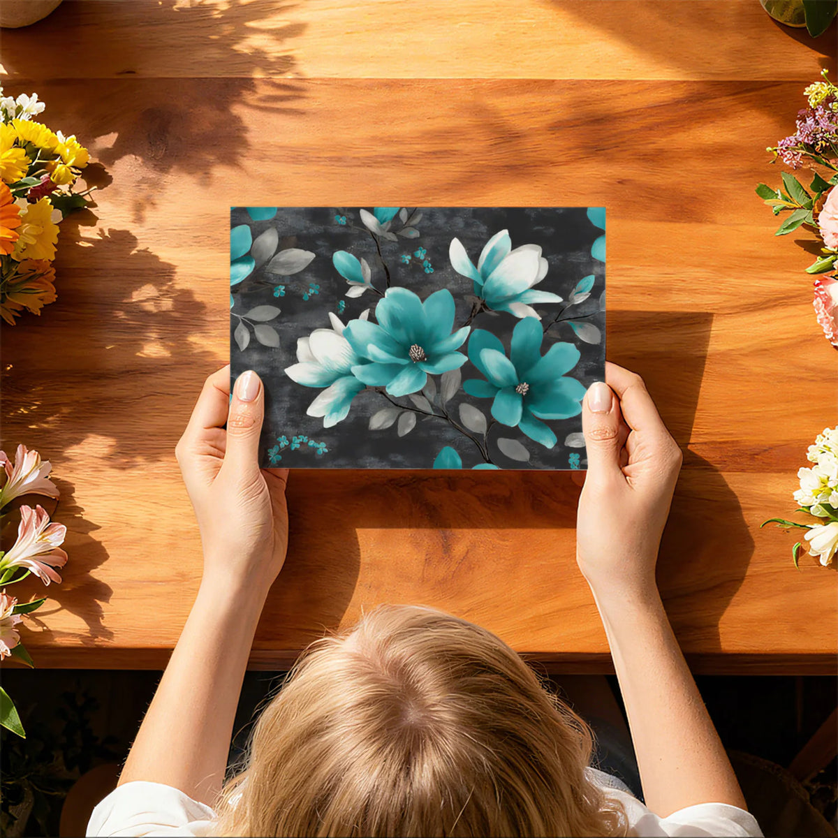 Teal Magnolia Floral Mural Wallpaper — Moody Botanical Art Mural Wallpaper - room preview 03