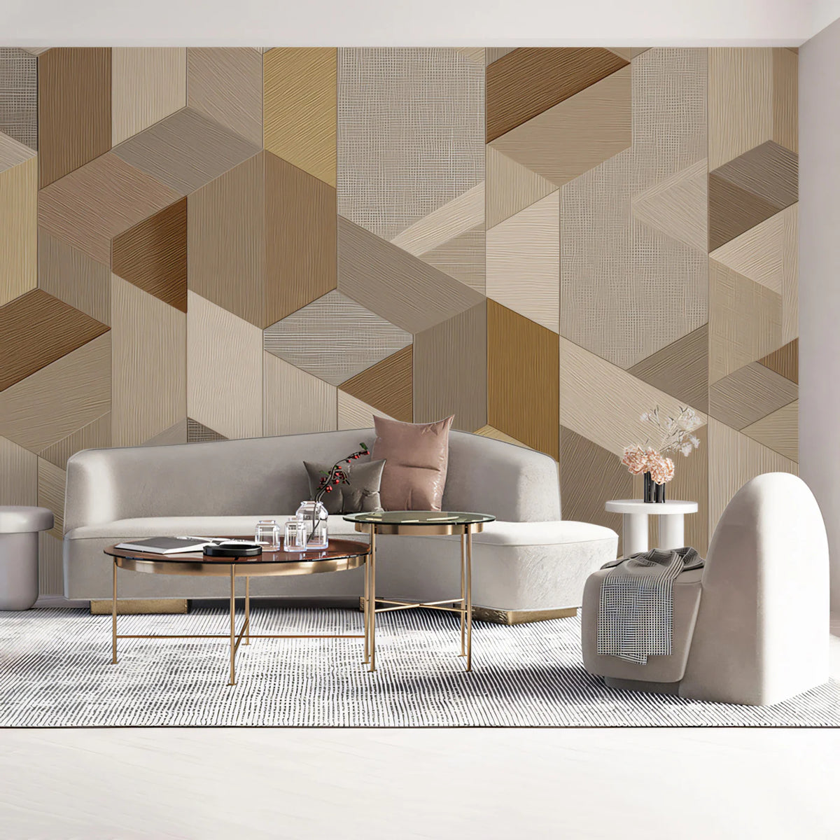 Geometric Woodgrain Cubes Mural Wallpaper — Textured Modern 3D Mural Wallpaper - room preview 03