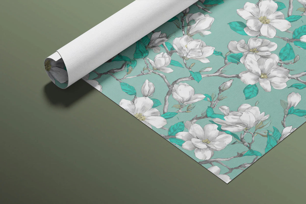 White Magnolia Floral Mural Wallpaper — Teal Botanical Print Mural Wallpaper - room preview 03