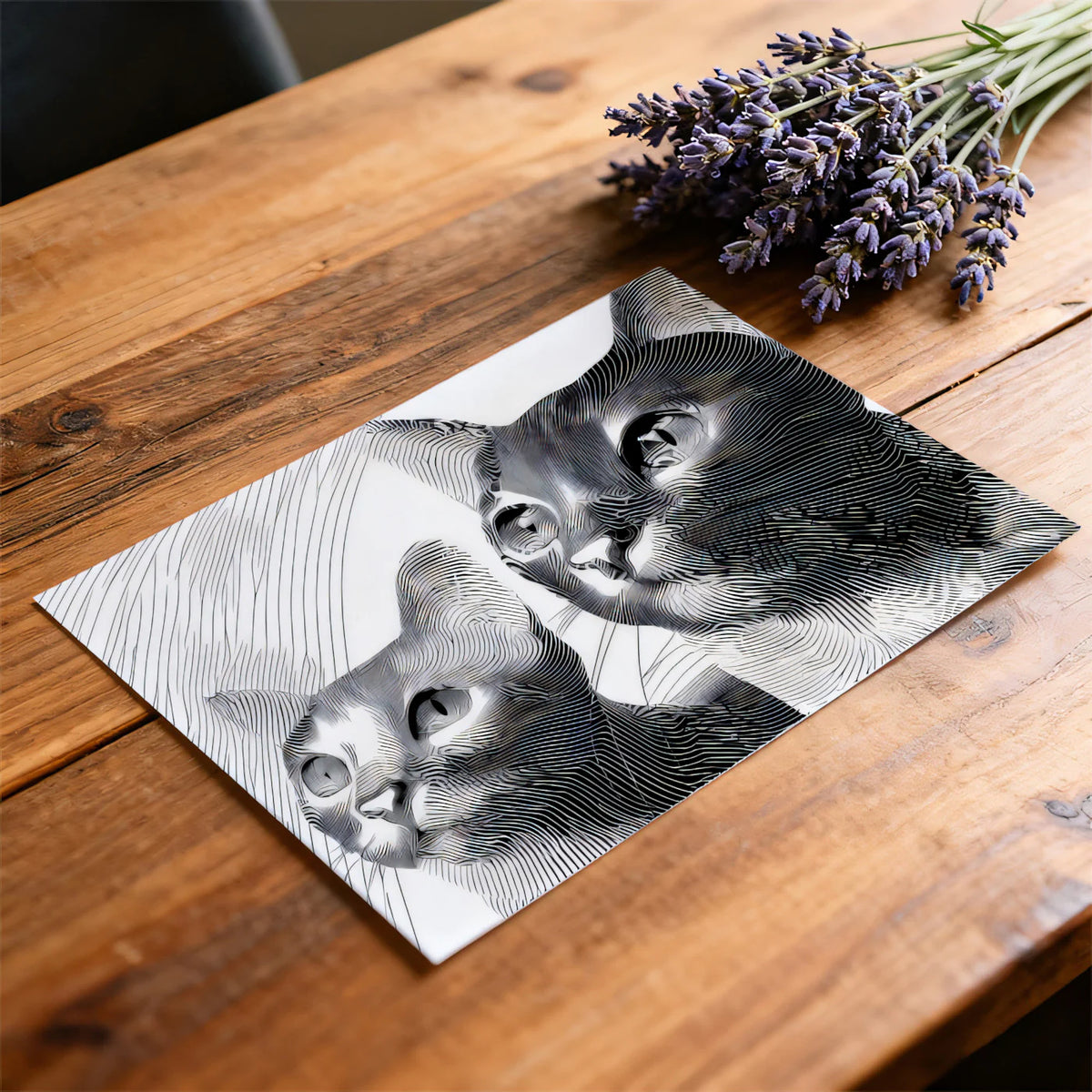 Cat Duo Line Art Mural Wallpaper — Monochrome Engraving Style Mural Wallpaper - room preview 03