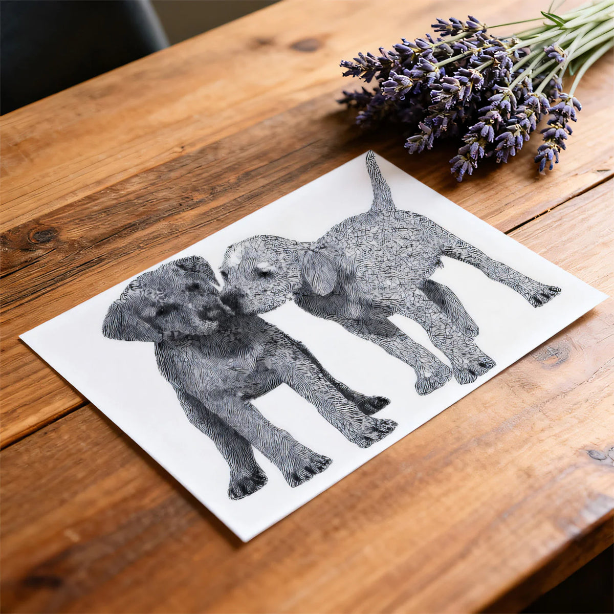 Puppy Duo Geometric Sketch Mural Wallpaper — Modern Monochrome Art Mural Wallpaper - room preview 03