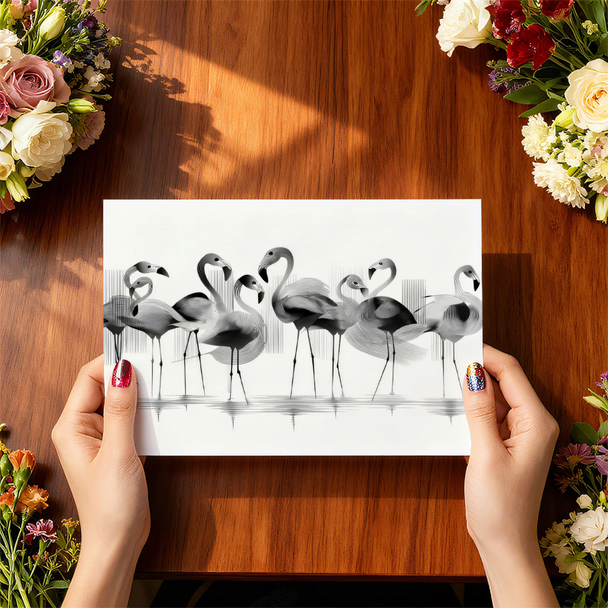 Abstract Flamingo Flock Mural Wallpaper — Monochromatic Line Art Mural Wallpaper - room preview 03