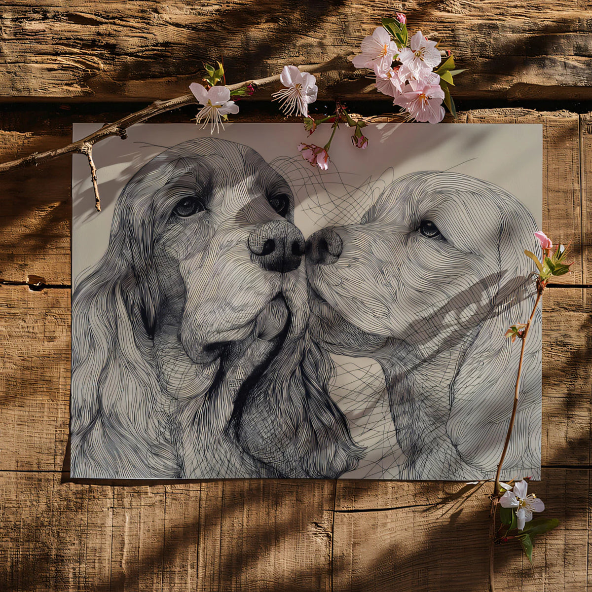 Spaniel Duo Line Art Mural Wallpaper — Sophisticated Pet Portrait Mural Wallpaper - room preview 03