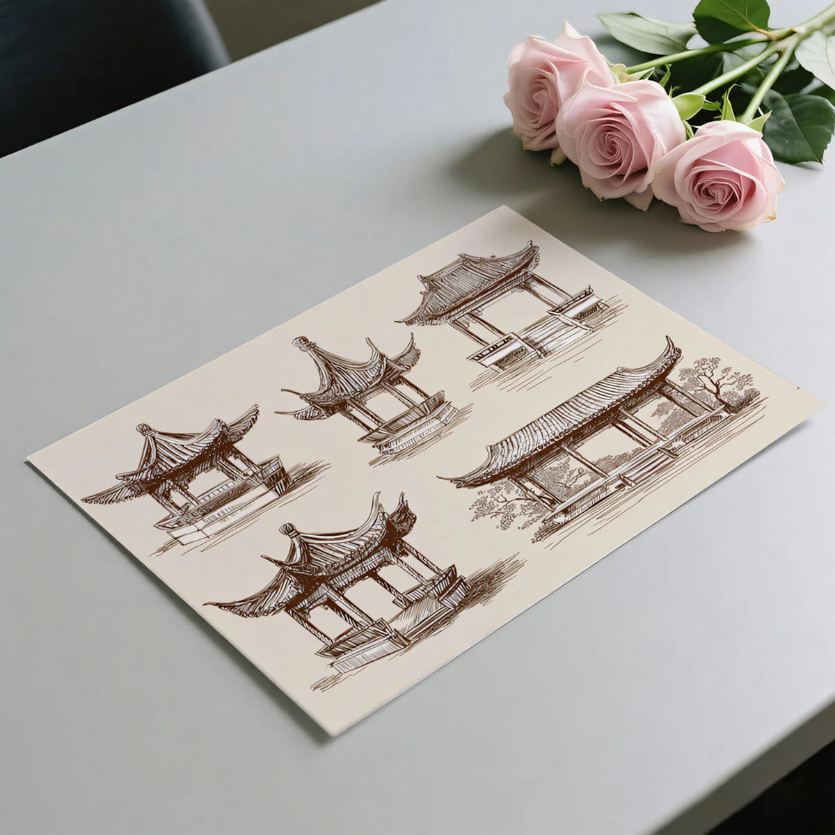 East Asian Pavilion Sketch Mural Wallpaper — Architectural Ink Drawing Mural Wallpaper - room preview 03