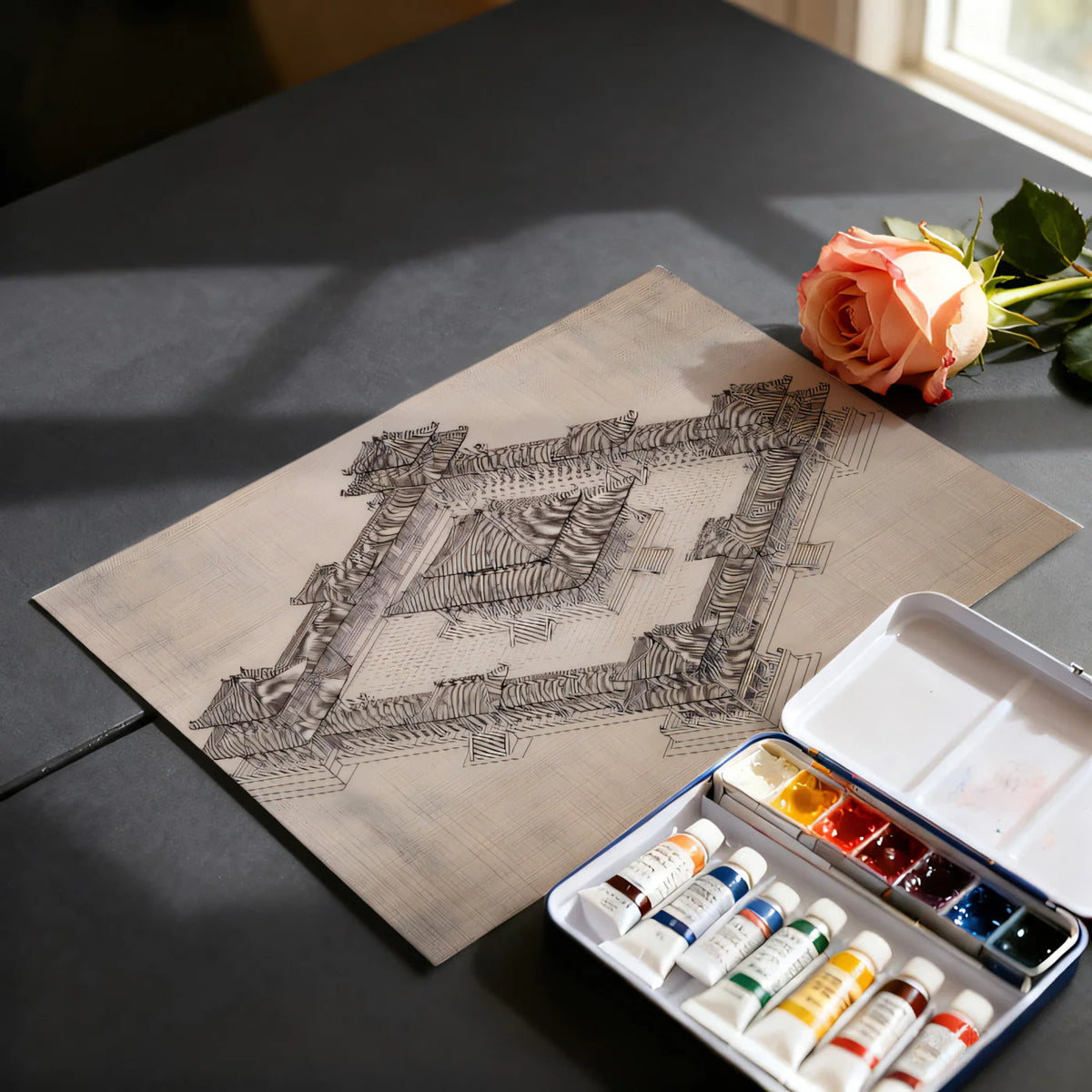 Asian Courtyard Architectural Blueprint Mural Wallpaper - room preview 03