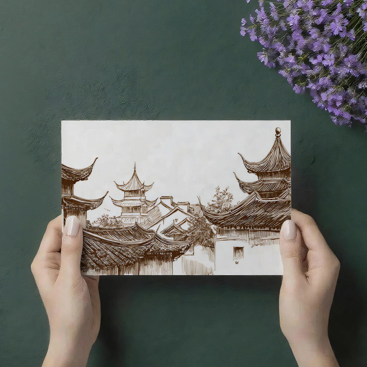 Traditional Chinese Roofscape Mural Wallpaper —Sepia Architectural Mural Wallpaper - room preview 03