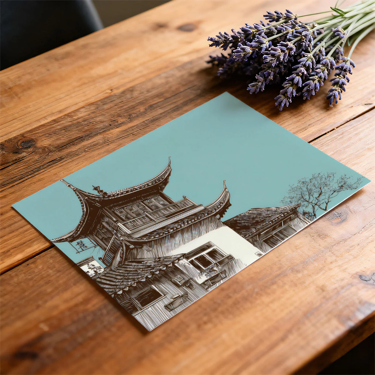 Chinese Architectural Pagoda Mural Wallpaper — Teal and Sepia Sketch Mural Wallpaper - room preview 03