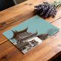 Chinese Architectural Pagoda Mural Wallpaper — Teal and Sepia Sketch Mural Wallpaper - room preview 03
