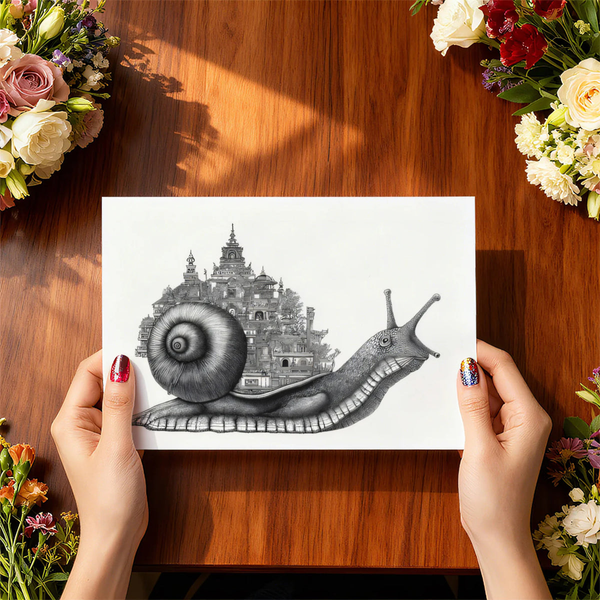 Snail with Architectural Shell Mural Wallpaper — Surrealist Line Art Mural Wallpaper - room preview 03