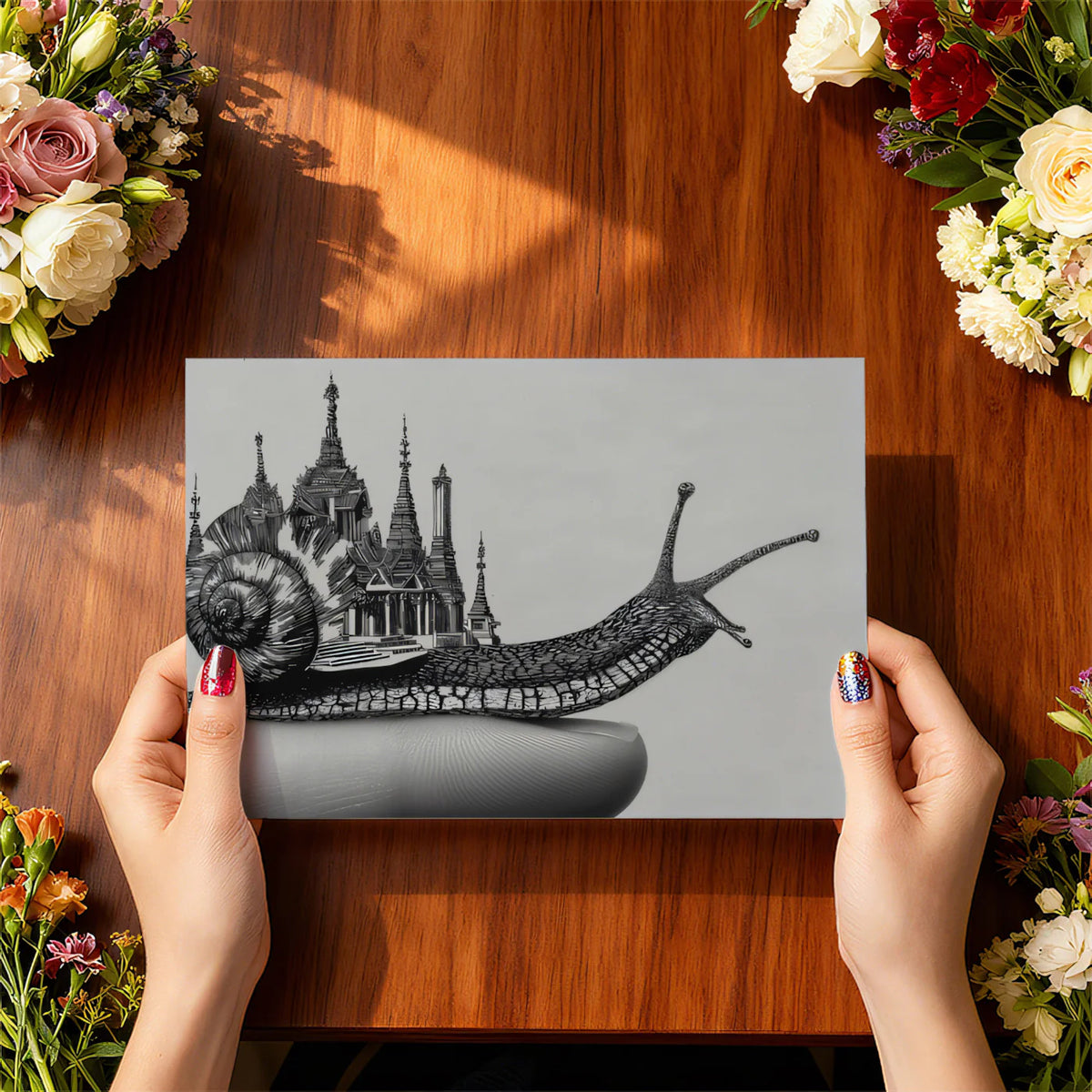 Surreal Snail and Pagoda City Mural Wallpaper — Artistic Sketch Mural Wallpaper - room preview 03