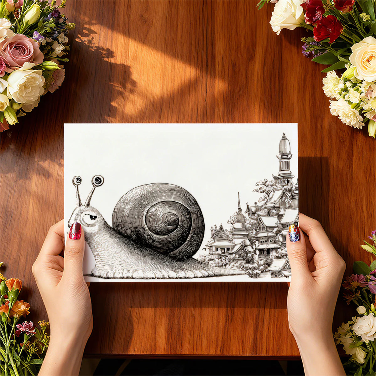 Snail and Temple City Sketch Mural Wallpaper —Whimsical Line Art Mural Wallpaper - room preview 03