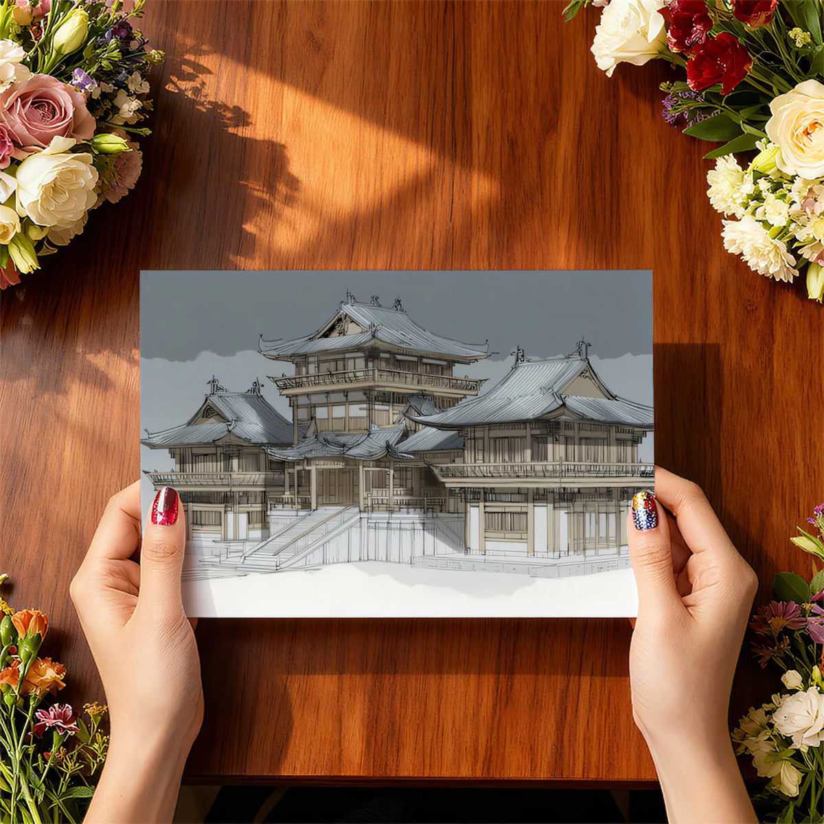 East Asian Pagoda Architectural Sketch Mural Wallpaper - room preview 03
