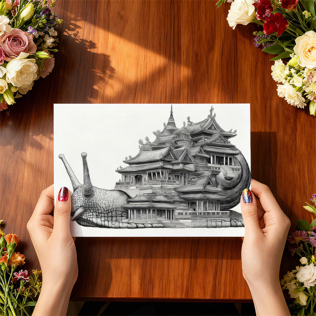 Snail Pagoda Fantasy Mural Wallpaper — Intricate Ink Sketch Mural Wallpaper - room preview 03