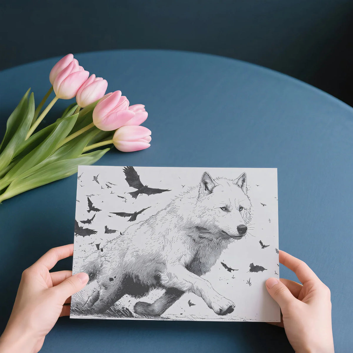 Running Wolf and Raven Swarm Ink Sketch Mural Wallpaper - room preview 03
