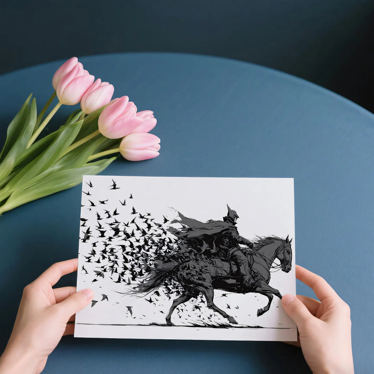 Galloping Knight Dissolving into Ravens Mural Wallpaper - room preview 03