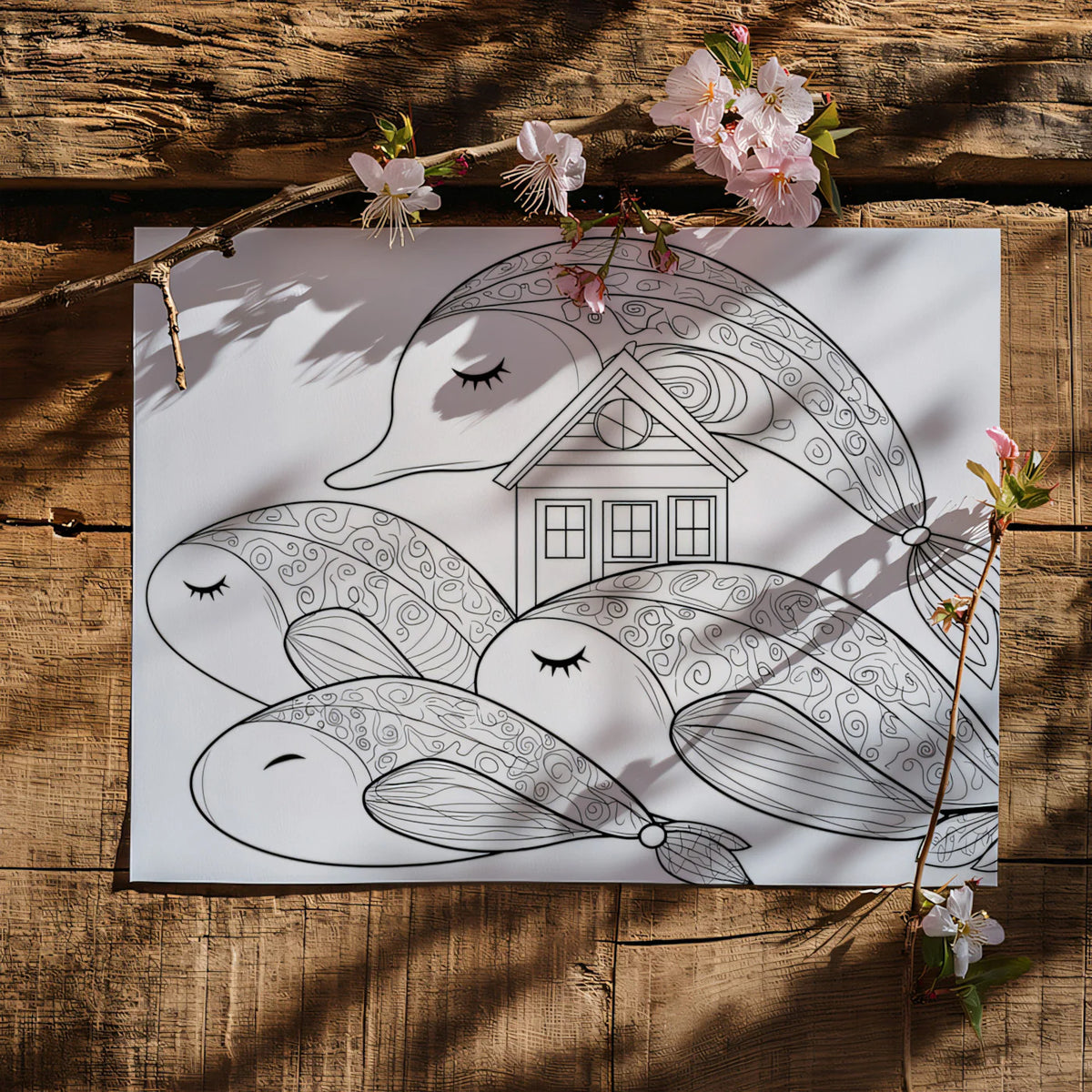 Whimsical Whale and Cottage Mural Wallpaper — Hand-Drawn Line Art Mural Wallpaper - room preview 03