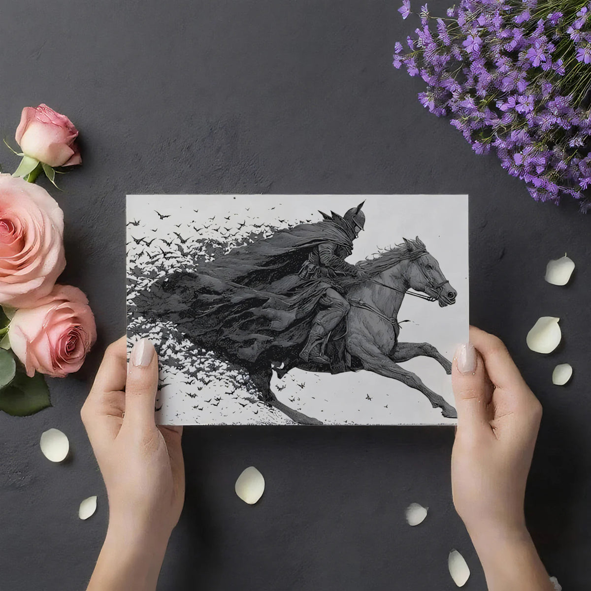 Knight and Bat Swarm Engraving Style Mural Wallpaper - room preview 03