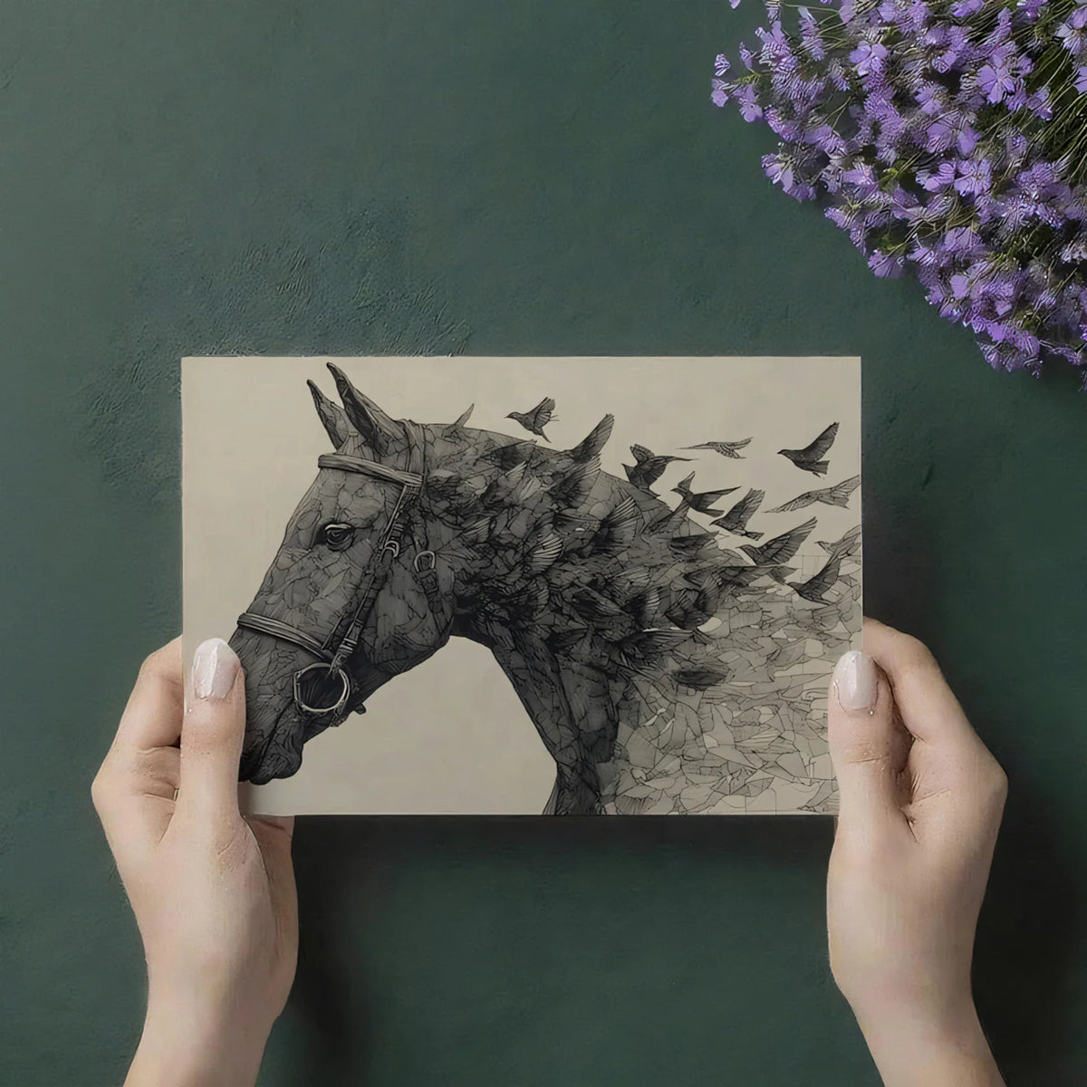 Bridled Horse and Swarm Mural Wallpaper — Artistic Ink Drawing Mural Wallpaper - room preview 03