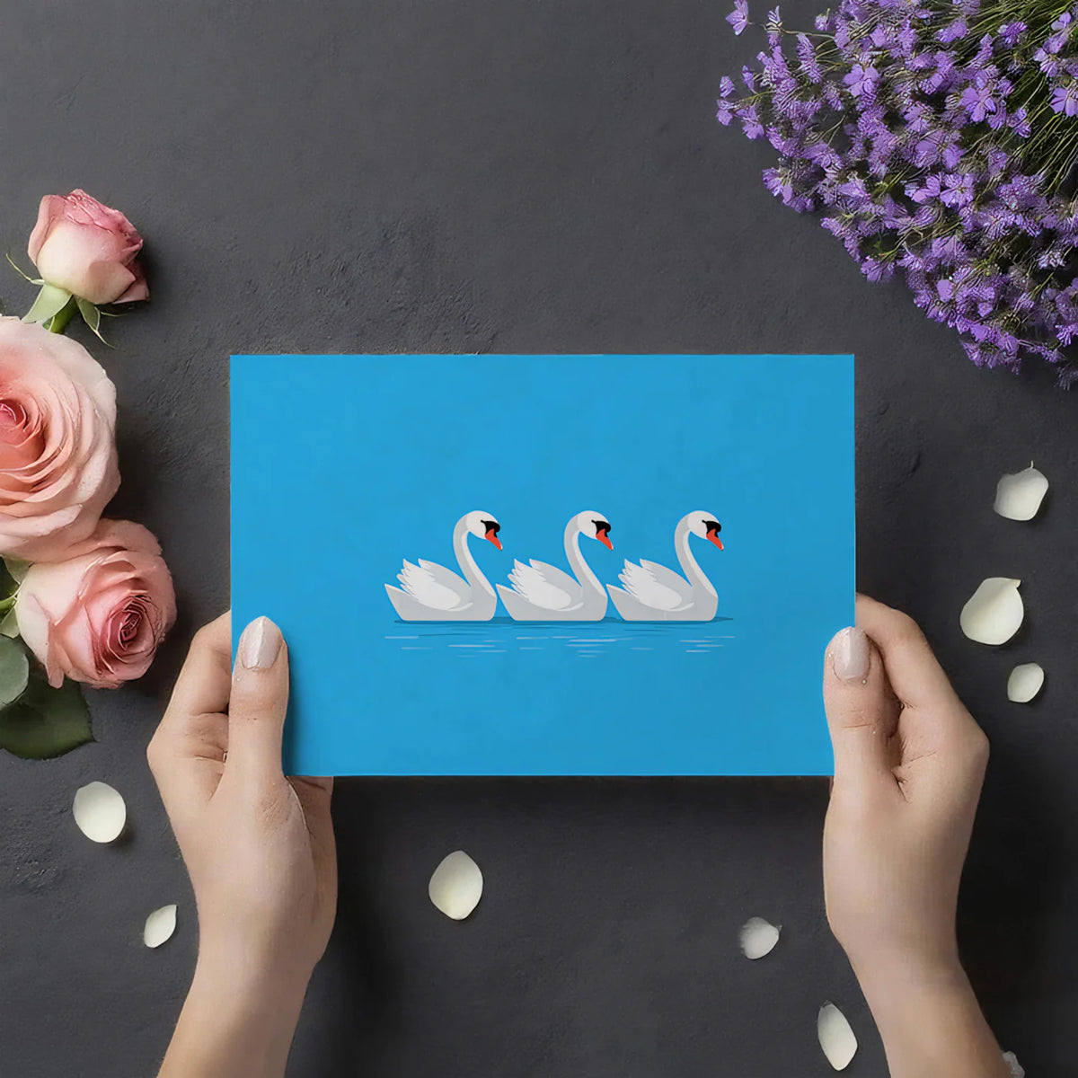 Minimalist Swan Trio Mural Wallpaper — Serene Blue Graphic Mural Wallpaper - room preview 03