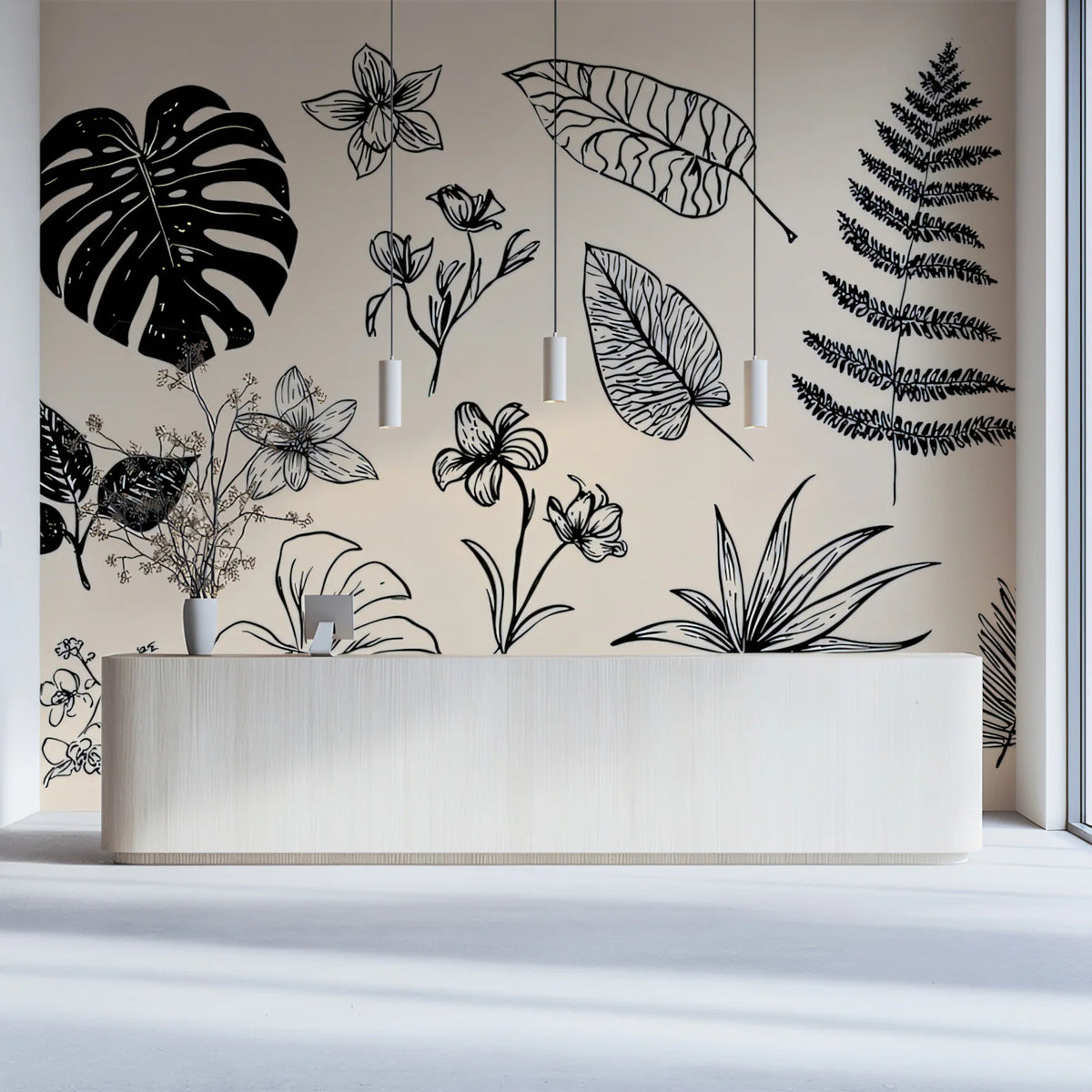 Vintage Botanical Specimen Mural Wallpaper — Black and Cream Study Mural Wallpaper - room preview 03