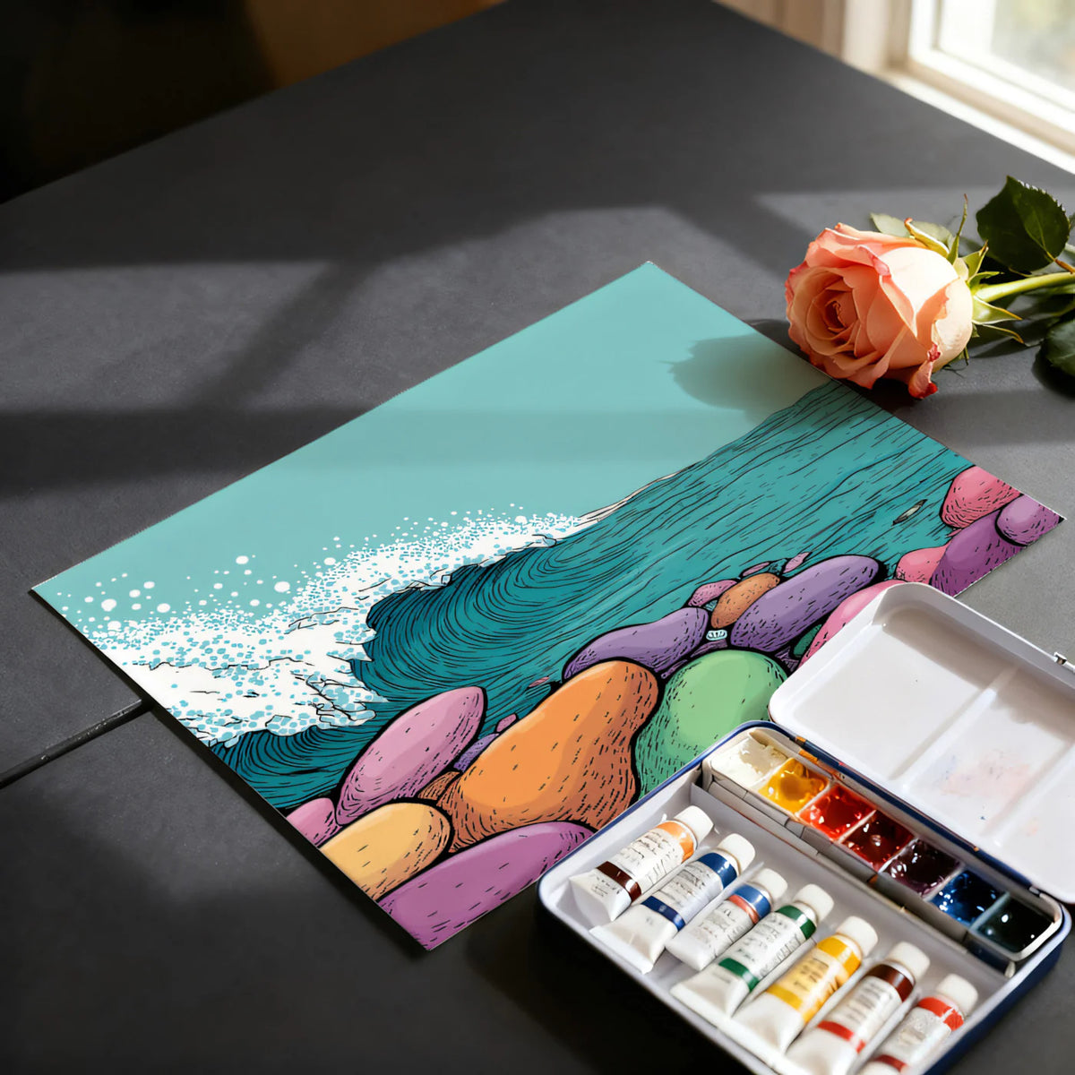 Graphic Pop Art Wave Mural Wallpaper — Coastal Retro Illustration Mural Wallpaper - room preview 03