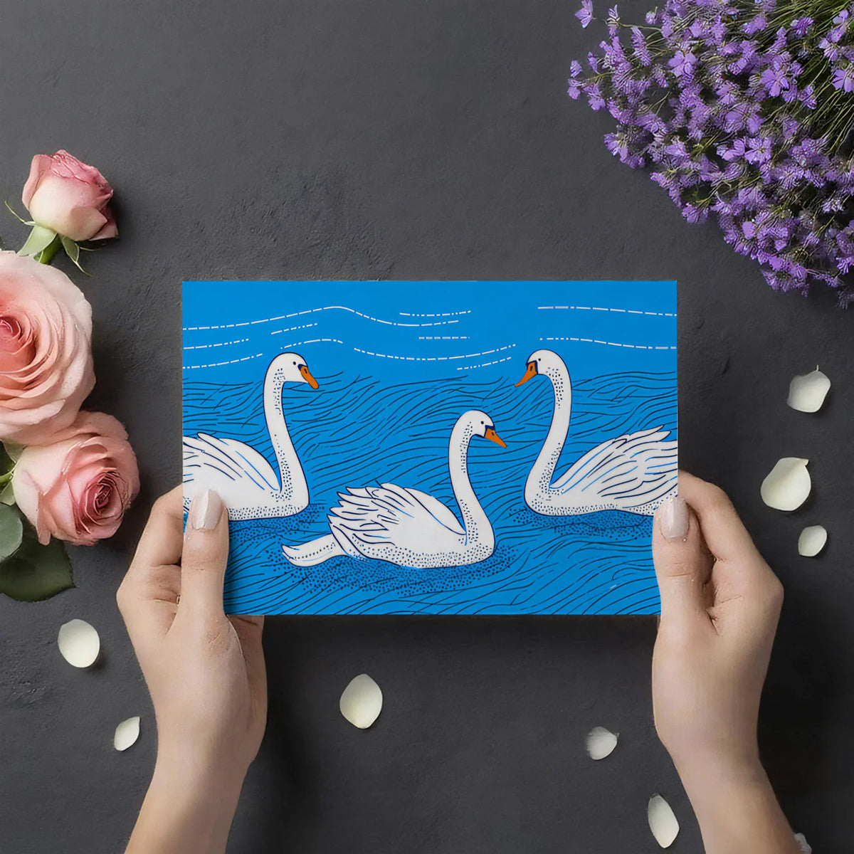 Floating Swans Mural Wallpaper — Folk Art Illustration Mural Wallpaper - room preview 03