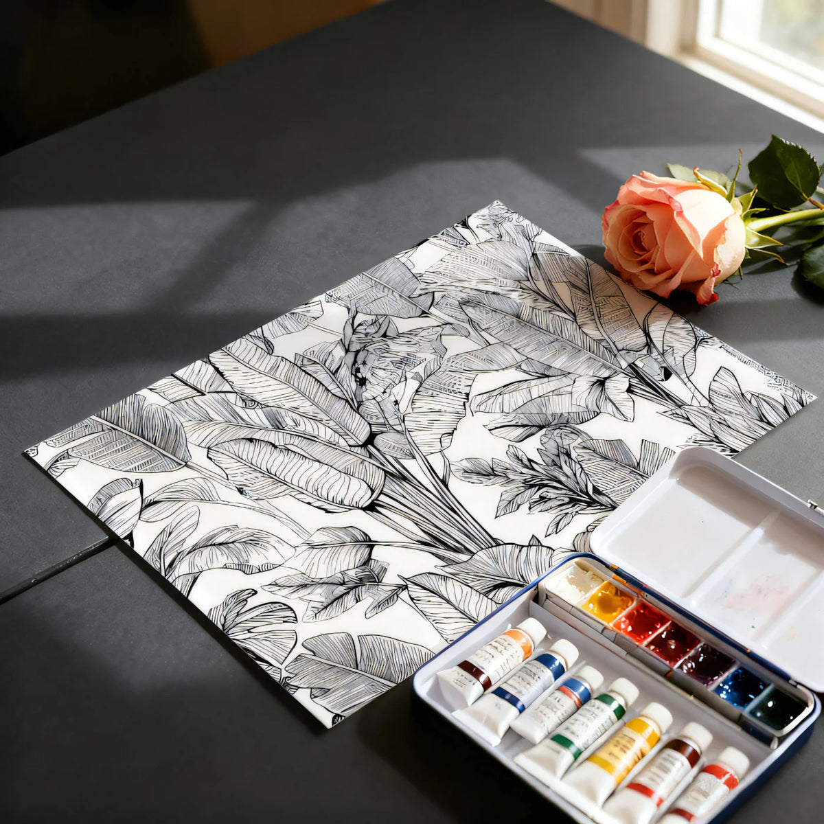 Ink Sketch Banana Leaf Mural Wallpaper — Monochromatic Botanical Mural Wallpaper - room preview 03