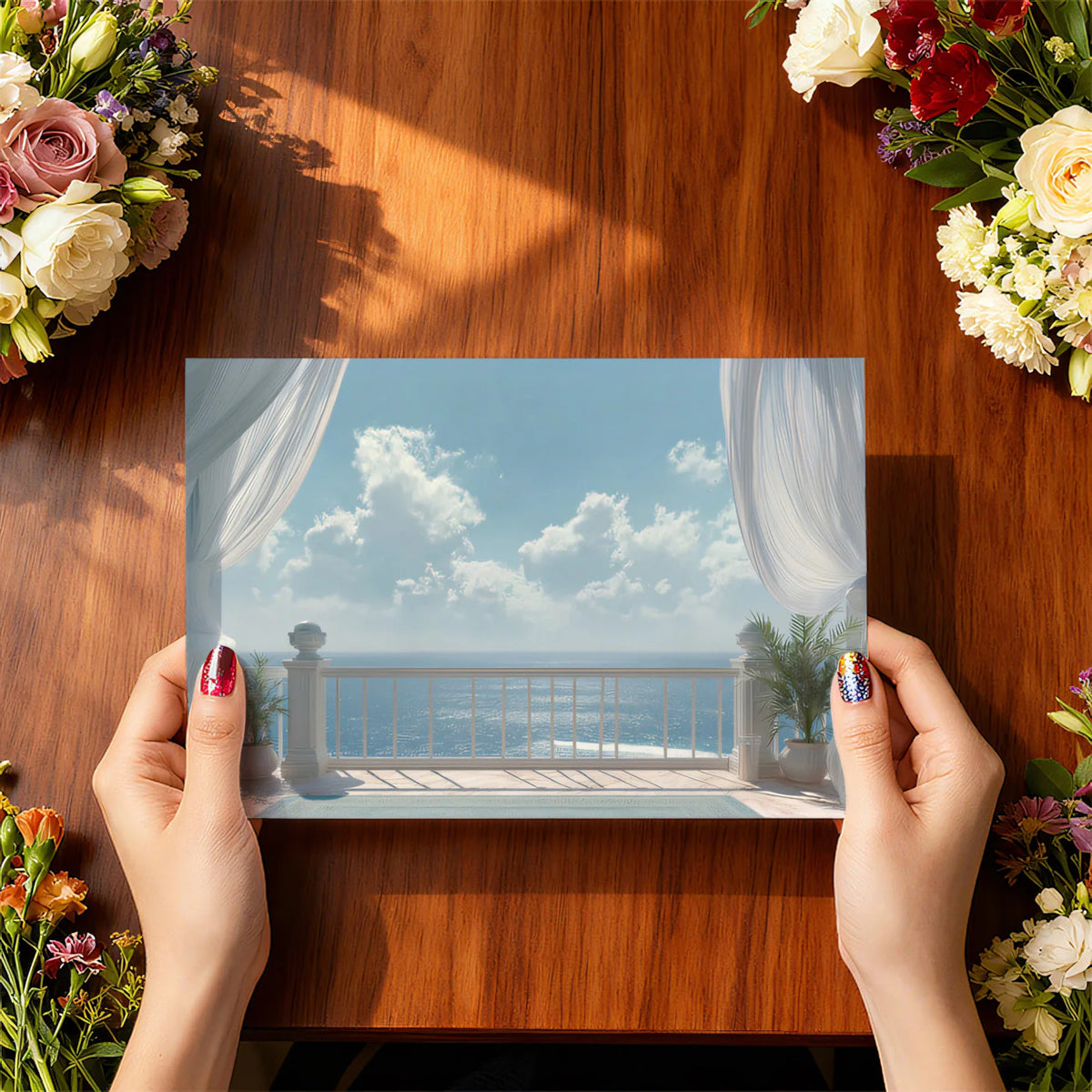 Coastal Terrace Curtain Mural Wallpaper — Ocean View Window Scene Mural Wallpaper - room preview 03