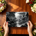 Monochrome Woodland Stream Mural Wallpaper — Vintage Engraving Style Mural Wallpaper - room preview 03