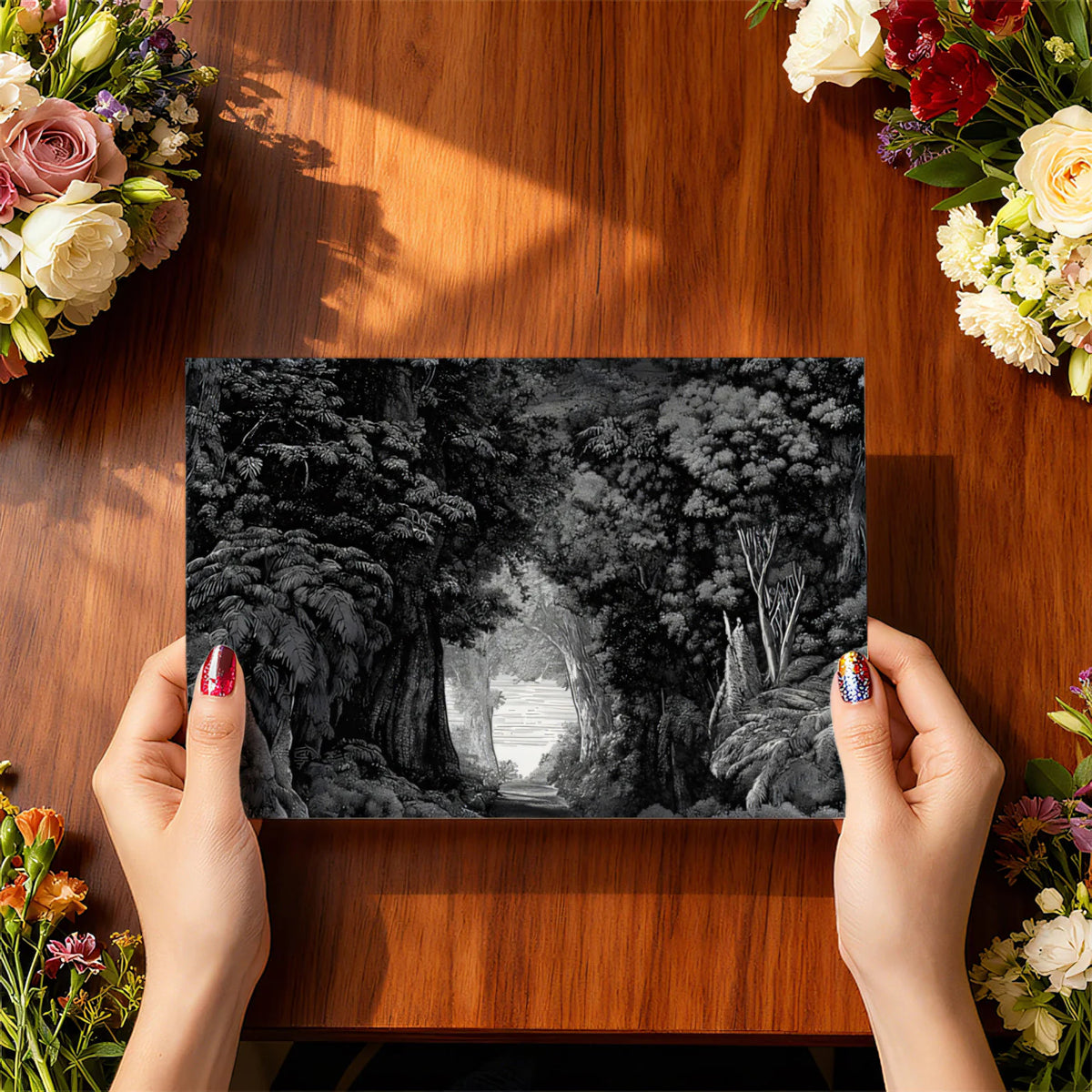 Monochrome Forest Etching Mural Wallpaper — Detailed Nature Scene Mural Wallpaper - room preview 03