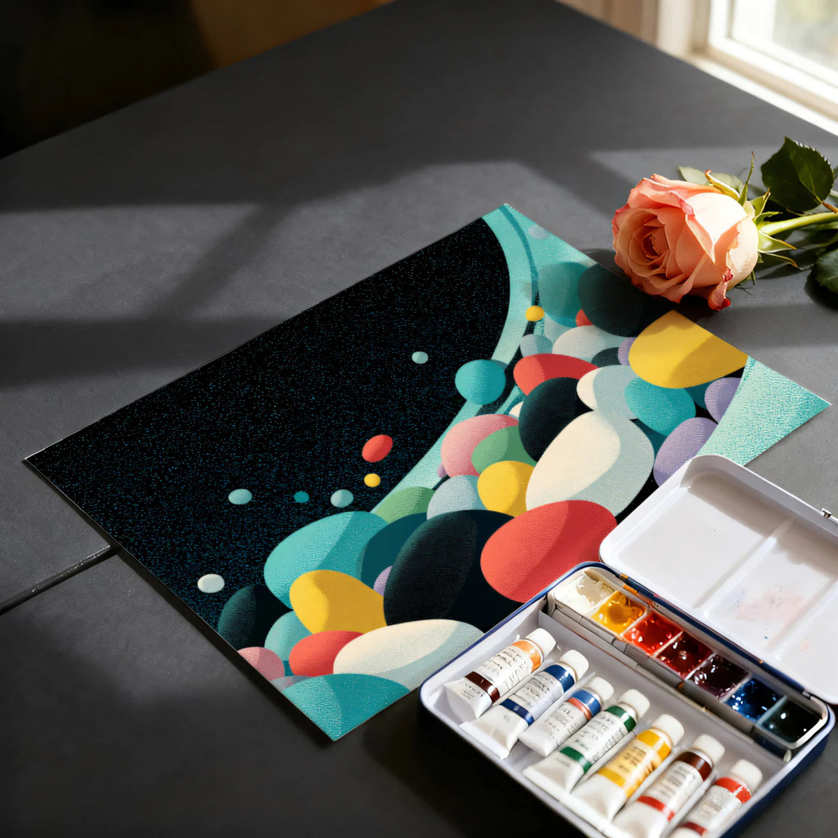 Cosmic Pebble Flow Mural Wallpaper — Abstract Retro Wave Mural Wallpaper - room preview 03