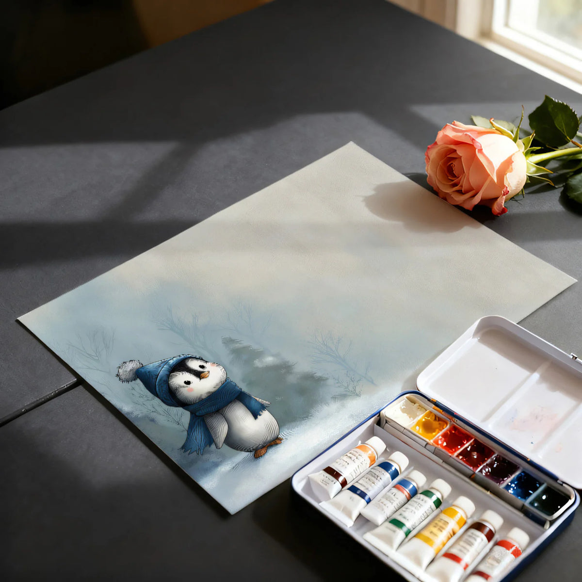 Winter Penguin Landscape Mural Wallpaper — Whimsical Blue Scene Mural Wallpaper - room preview 03