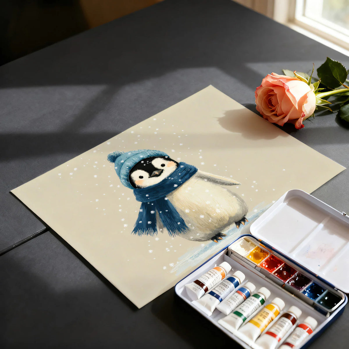 Snowy Penguin Mural Wallpaper — Whimsical Winter Illustration Mural Wallpaper - room preview 03
