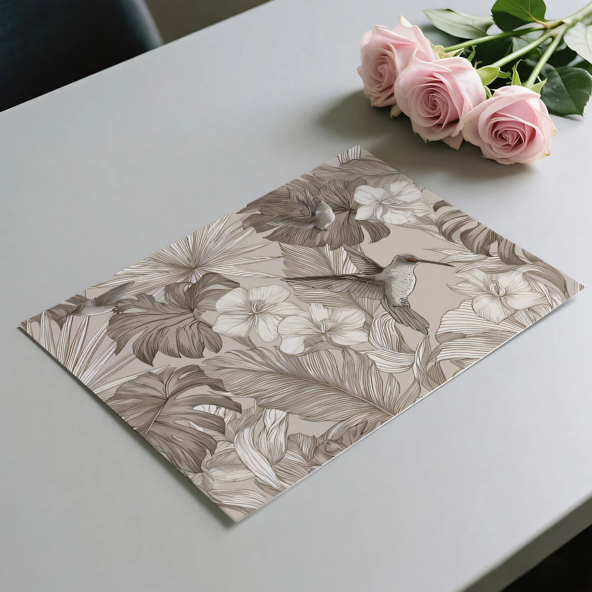 Vintage Tropical Hummingbird Mural Wallpaper — Sepia Line Art Mural Wallpaper - room preview 03