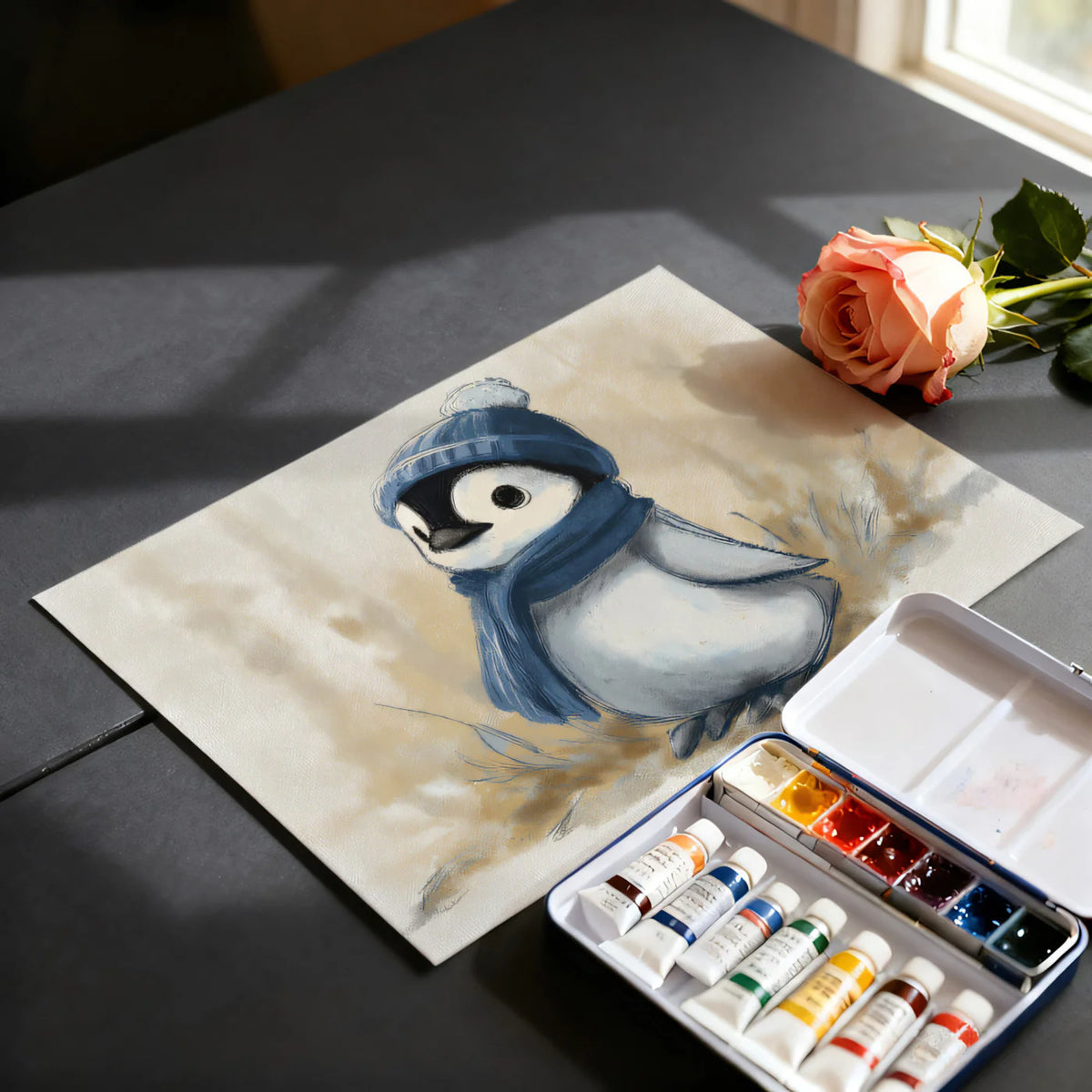 Baby Penguin Watercolor Mural Wallpaper — Soft Earthy Illustration Mural Wallpaper - room preview 03