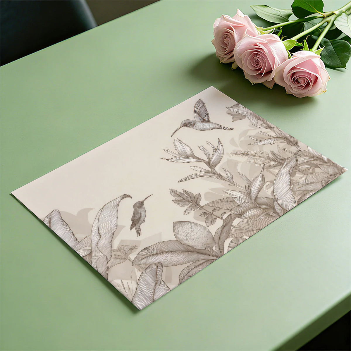 Hummingbird Botanical Line Art Mural Wallpaper — Soft Beige Mural Wallpaper - room preview 03