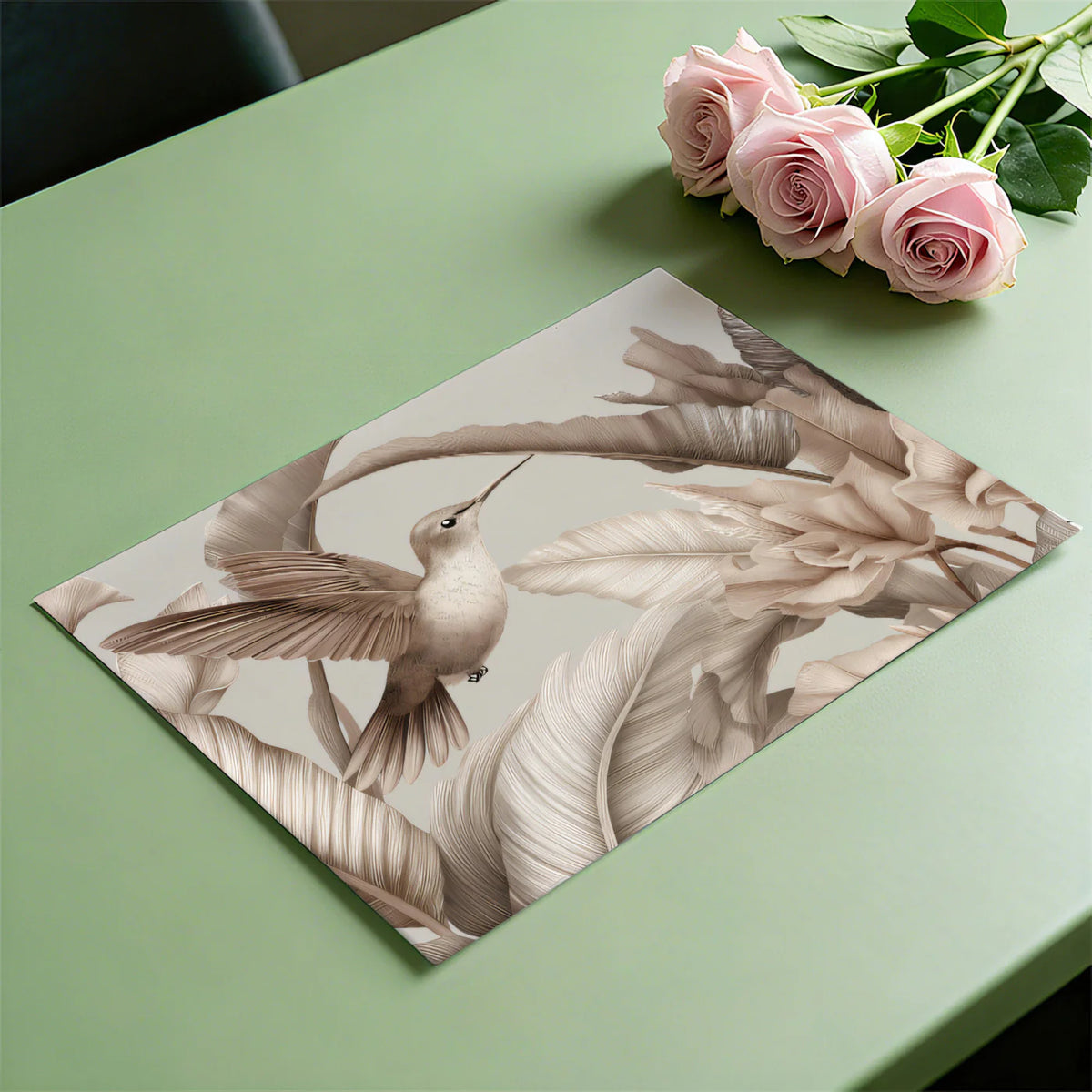 Hummingbird and Palm Leaf Mural Wallpaper — Sepia Botanical Art Mural Wallpaper - room preview 03