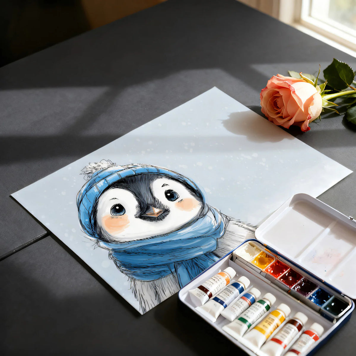 Winter Penguin Sketch Mural Wallpaper — Whimsical Illustration Mural Wallpaper - room preview 03